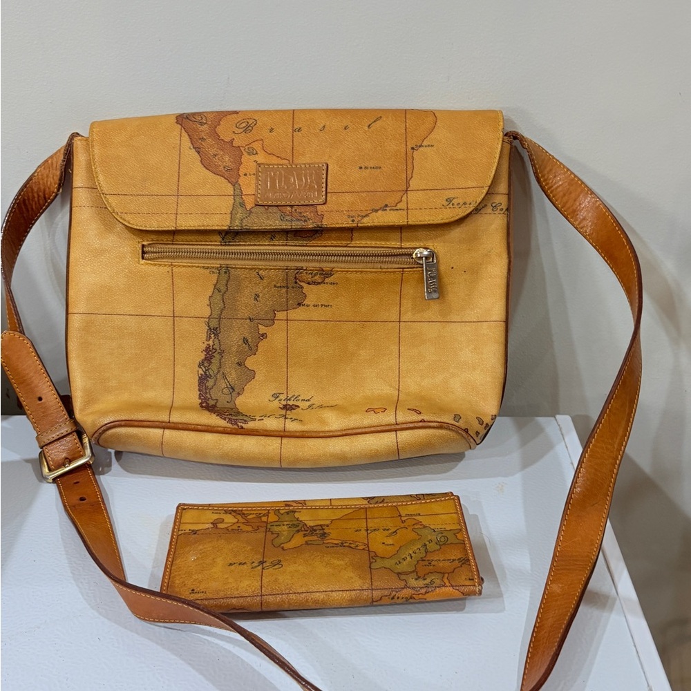 Alviero Martini Map-Print Pouch in Cognac and Tan